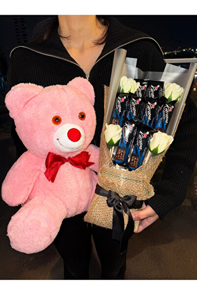 lenostra 35cm Pembe Ayıcık ve Karam Çikolata Buketi - Sevgiliye - Arkadaşa - ...