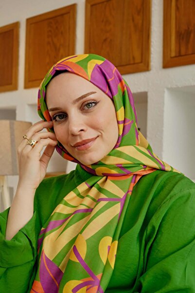 AFVENTE Πράσινο μαλακό βαμβακερό σάλι με μοτίβο τροπικών φύλλων