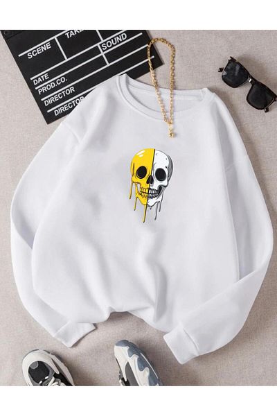 RPT MODA Oversized Relaxed Cut Double Color Skull Print Detail Cycling Collar Basic Sweatshirt Top