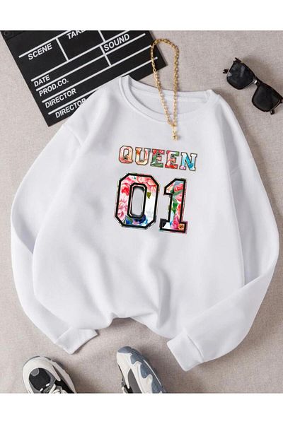 RPT MODA OVERSIZED RELAXED FIT QUUEN 01 BICYCLE COLLAR BASIC SWEATSHIRT TOP WITH PRINT DETAIL