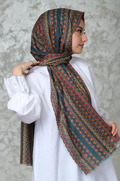 AFVENTE Dark Green Ethnic Pattern Cotton Shawl