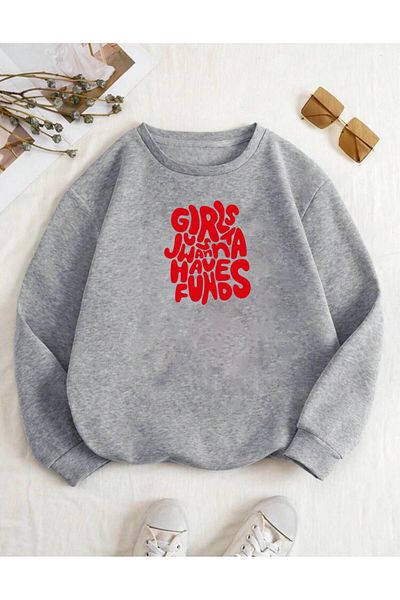 RPT MODA Oversized Casual Cut Red Girls Printed Detail Cycling Collar Basic Sweatshirt Top