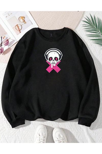 RPT MODA Oversized Casual Cut Pink Skull X Print Detail Cycling Collar Basic Sweatshirt Top