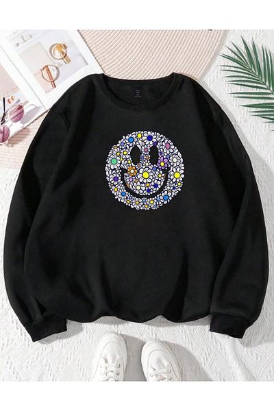 RPT MODA Oversized Casual Cut Flower Emoji Print Detail Cycling Collar Basic Sweatshirt Top