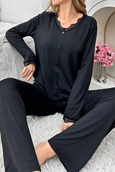 BELLA NOTTE Crni pamučni sezonski pidžama set sa čipkastim detaljima