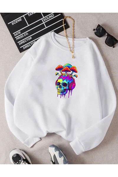 RPT MODA Oversized Relaxed Cut Colorful Skull Print Detail Cycling Collar Basic Sweatshirt Top