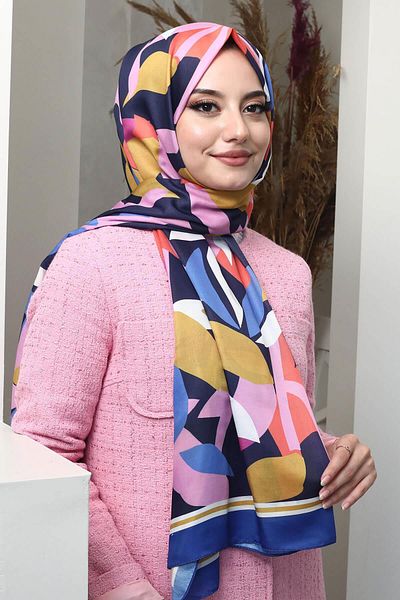 AFVENTE Navy Blue Soft Cotton Shawl - Leaf Pattern