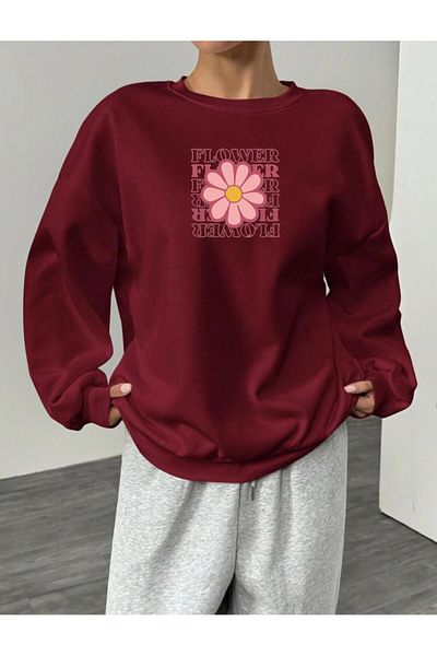 RPT MODA Oversized Casual Cut Flowers Printed Detail Cycling Collar Basic Sweatshirt Top