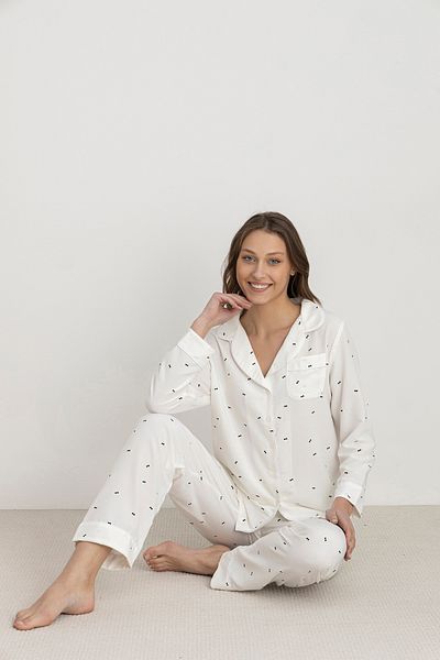 NAP Women's Button-Down Pajamas Set – Aerobin Fabric, Ecru Bow Tie, Light Pink Polka Dot, Light Green