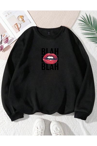RPT MODA Oversized Casual Cut Lip Text Printed Detail Cycling Collar Basic Sweatshirt Top