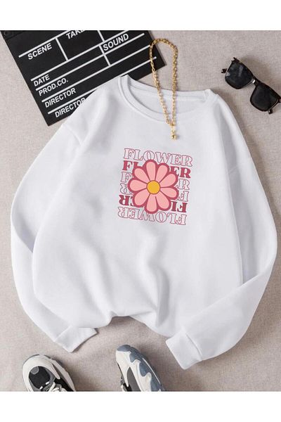 RPT MODA Oversized Casual Cut Flowers Printed Detail Cycling Collar Basic Sweatshirt Top