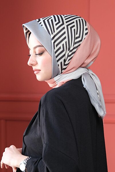 AFVENTE Γκρι βαμβακερό μαντήλι σομόν με γεωμετρικό σχέδιο