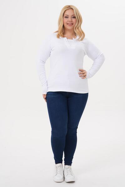 Siyezen Plus Size Double Button Detailed Cotton Lycra Basic Blouse
