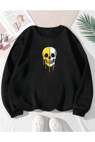 RPT MODA Oversized Relaxed Cut Double Color Skull Print Detail Cycling Collar Basic Sweatshirt Top