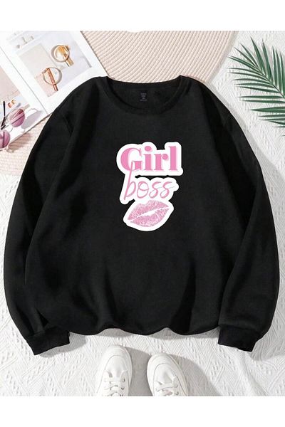 RPT MODA OVERSIZED RELAXED FIT CREW NECK BASICS SWEATSHIRT TOP WITH GIRL LIP PRINT DETAIL