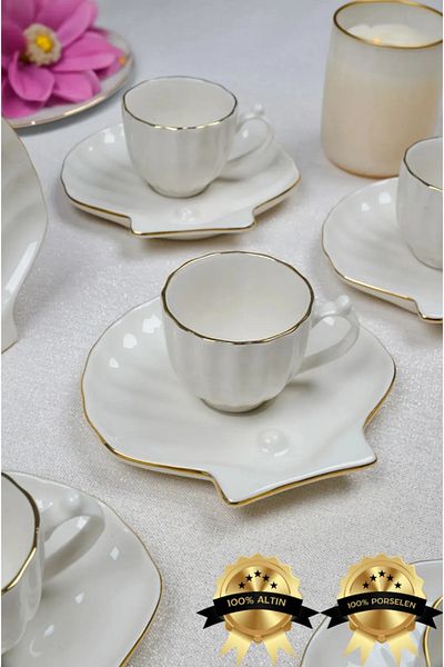 Tezyinat Wood - 12 Piece Porcelain Coffee Cup Set for 6 People with Sterilizer Pearl and Pearl (Gold Gold)