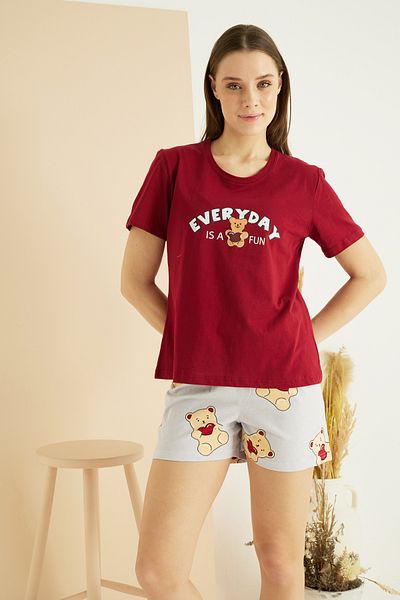 Siyah İnci Set de pantaloni scurți tricotați din bumbac cu decolteu roșu cu imprimeu burgundy 25105034