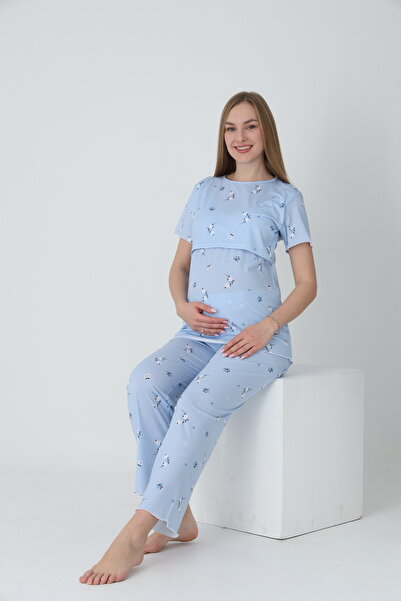 Miss Dünya Lissa Emzirmeye Uygun Kısa Kol Ayarlanabilir Lastik Bel Detaylı Baskılı Hamile ve Lohusa Pijama Takımı
