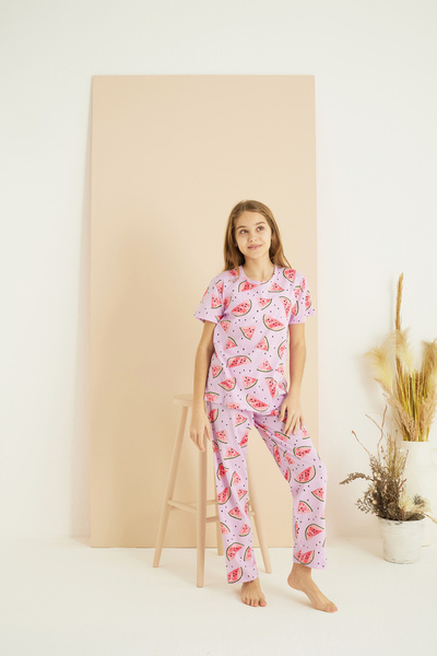 Siyah İnci Set de pijamale tricotate din bumbac cu decolteu rotund cu imprimeu liliac 25107137