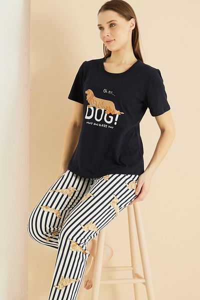 Siyah İnci Navy Blue Patterned Cotton Crew Neck Knitted Pajama Set 25103232