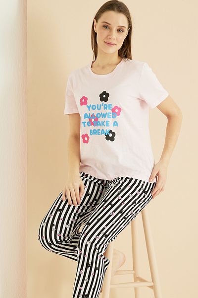 Siyah İnci Ανοιχτό ροζ μοτίβο Cotton Crew Neck Πλεκτό Σετ πιτζάμες 25103261