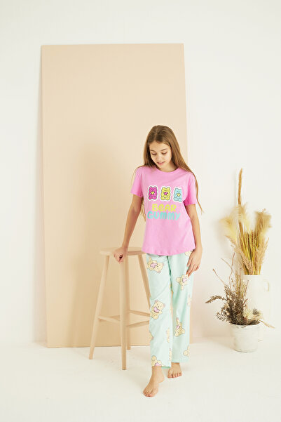 Siyah İnci pembe desenli Pamuklu Bisiklet Yaka Örme Pijama Takım25107156