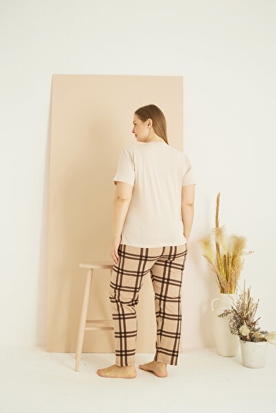 Siyah İnci Cream Color Patterned Curve Plus Size Oversize Cotton Pajama Suit 25103769