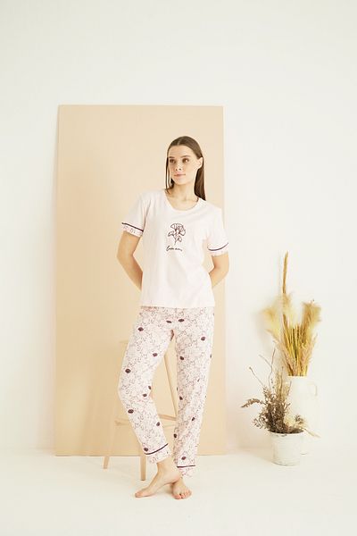 Siyah İnci Σετ πλεκτές πιτζάμες με ροζ σχέδιο Cotton Crew Neck 25103215