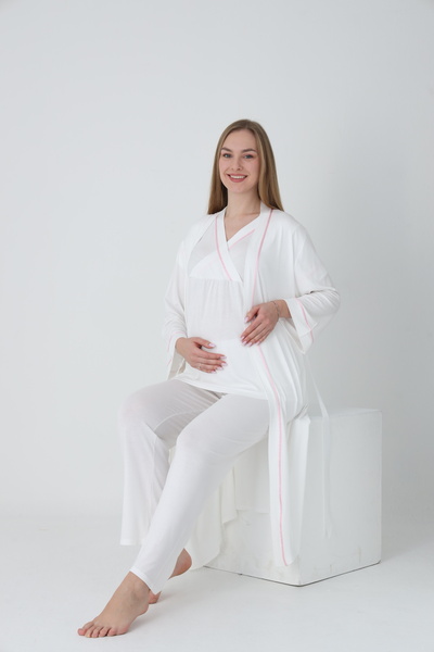 Miss Dünya Lissa Maternity and Maternity Pajamas Set with Dressing Gown and Stripe Detail