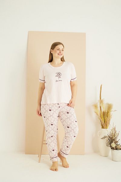 Siyah İnci ανοιχτό ροζ μοτίβο Curve Plus Size Oversize Βαμβακερό Σετ Πιτζάμες 25103757