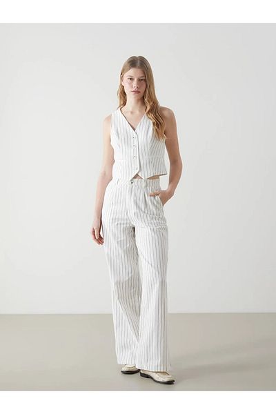 LC Waikiki Ecru V-Neck Striped Linen Blended Women's Classic Vest