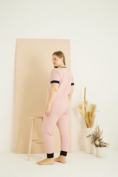 Siyah İnci Pink and White Line Patterned Curve Plus Size Oversize Cotton Pajama Suit 25103718