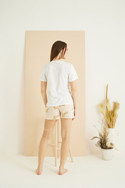 Siyah İnci ekru desenli Pamuklu Bisiklet Yaka Örme Şort Takım25105035