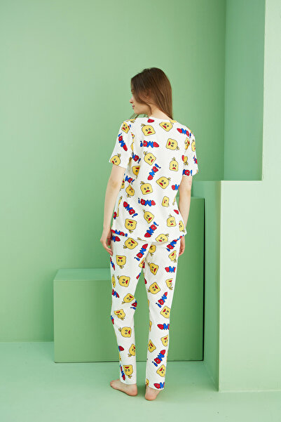 Siyah İnci ekru desenli Pamuklu Bisiklet Yaka Örme Pijama Takım25107157