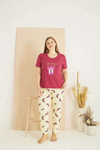 Siyah İnci Set de pijamale supradimensionate din bumbac cu imprimeu de culoare cireș 25103720