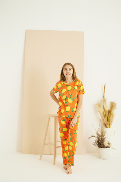 Siyah İnci Orange Patterned Cotton Crew Neck Knitted Pajama Set 25107130