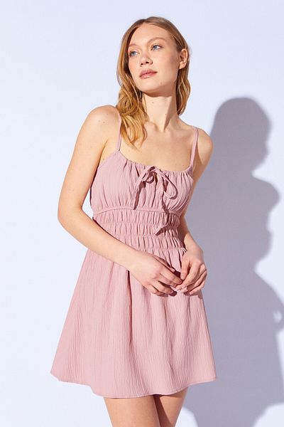 Manche Dusty Rose Elastic Waist Strap Chest Adjustable Tie Detailed Mini Dress |   Mks 281270 -01