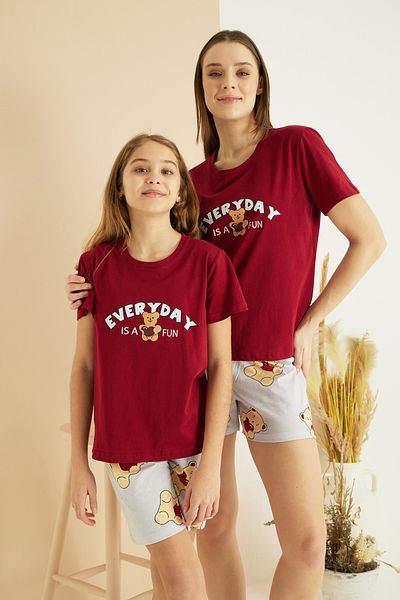 Siyah İnci Set de pantaloni scurți tricotați din bumbac cu decolteu roșu cu imprimeu burgundy 25105034