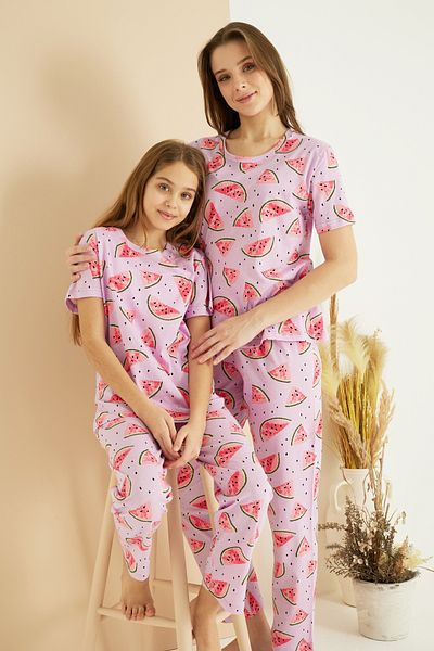 Siyah İnci Set de pijamale tricotate din bumbac cu decolteu rotund cu imprimeu liliac 25107137