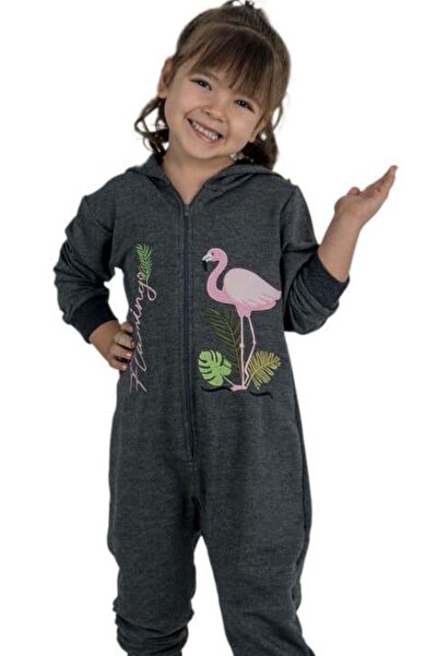 Riccotarz Flamingo Printed Baby Girl Smoked Jumpsuit with Zipper Front and Hood