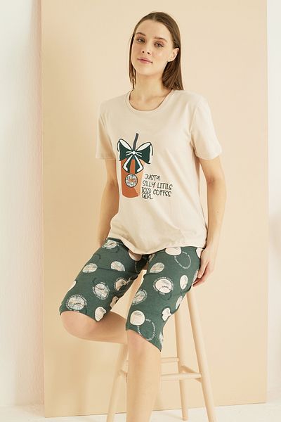 Siyah İnci Μπεζ σχέδιο Cotton Crew Neck Πλεκτό Κάπρι Σετ 25102163