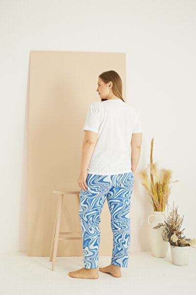 Siyah İnci ekru desenli Curve Büyük Beden Battal Boy Pamuklu Pijama Takım25103761