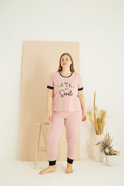 Siyah İnci ροζ και λευκή γραμμή μοτίβο Curve Plus Size Oversize Βαμβακερό Σετ Πιτζάμες 25103718