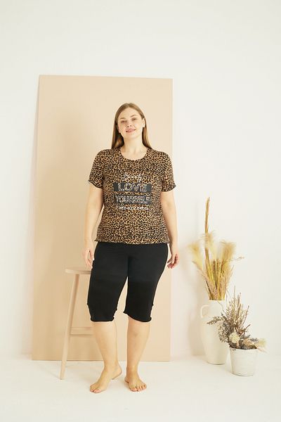 Siyah İnci Λεοπάρ στάμπα Curve Plus Size Oversize Βαμβακερό Κάπρι Σετ 25102725