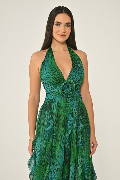 ALFABETA Leopard Print Women's Evening Dress & Graduation Dress Long Pencil Model Green-Leopard Ab7013