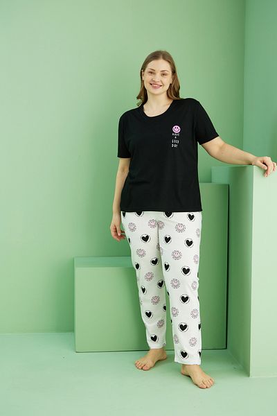 Siyah İnci Black Patterned Curve Plus Size Oversize Cotton Pajama Set 25103778