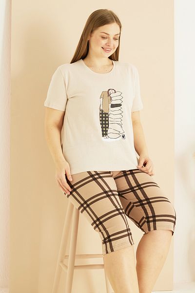 Siyah İnci Σετ κρεμ με σχέδιο Curve Plus Size Oversize Cotton Capri 25102759