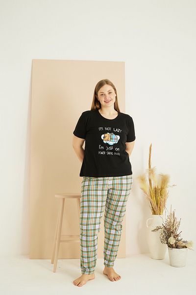 Siyah İnci Set de pijamale supradimensionate din bumbac cu model negru Curve Plus Size 25103731