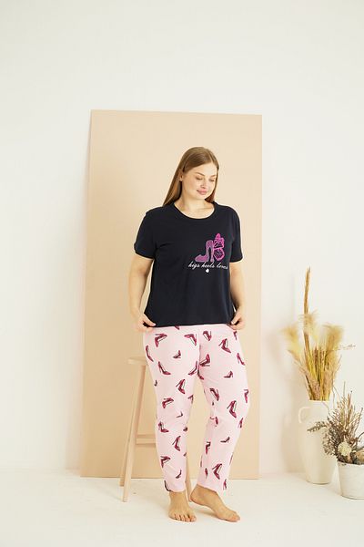Siyah İnci Navy Blue Patterned Curve Plus Size Oversize Cotton Pajama Set 25103767