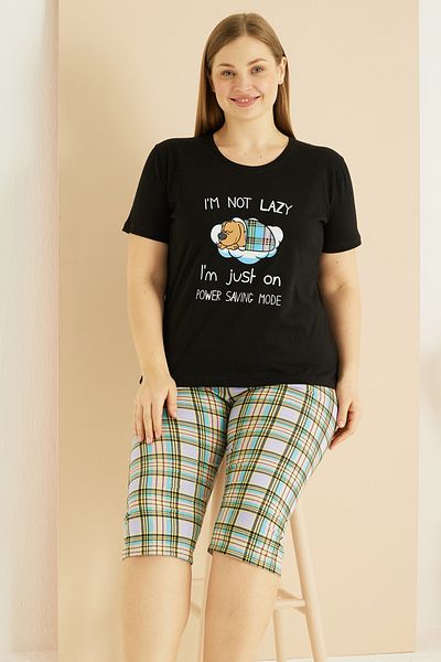 Siyah İnci Black Patterned Curve Plus Size Oversize Cotton Capri Suit 25102755